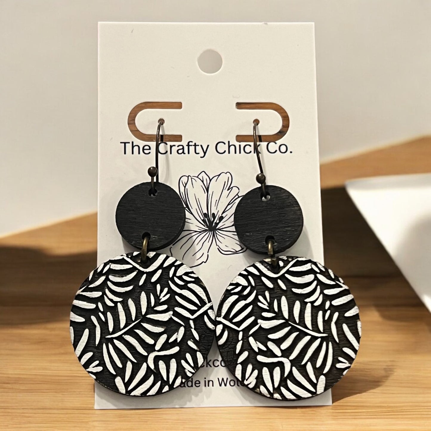 Black and white fern engraved dangles