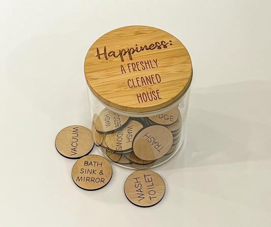 Happiness: A Freshly Clean House-Daily Chore Jar, personalized gift, birthday, anniversary, wedding, Easter, kids Chore Jar, gifts for her, gifts for him