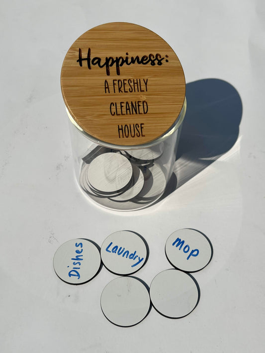 *BLANK DRY ERASE*Happiness: A Freshly Clean House-Daily Chore Jar, personalized gift, birthday, anniversary, wedding, Easter, kids Chore Jar, gifts for her, gifts for him