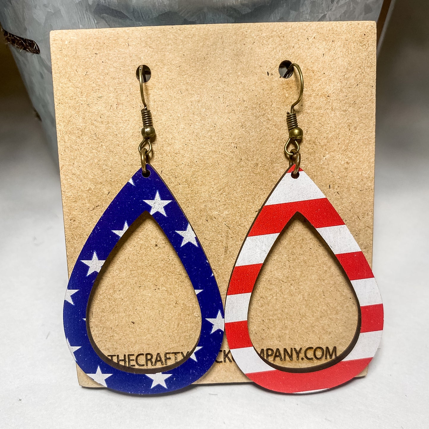 Flag Tear Drop Earrings - Patriotic - Wood