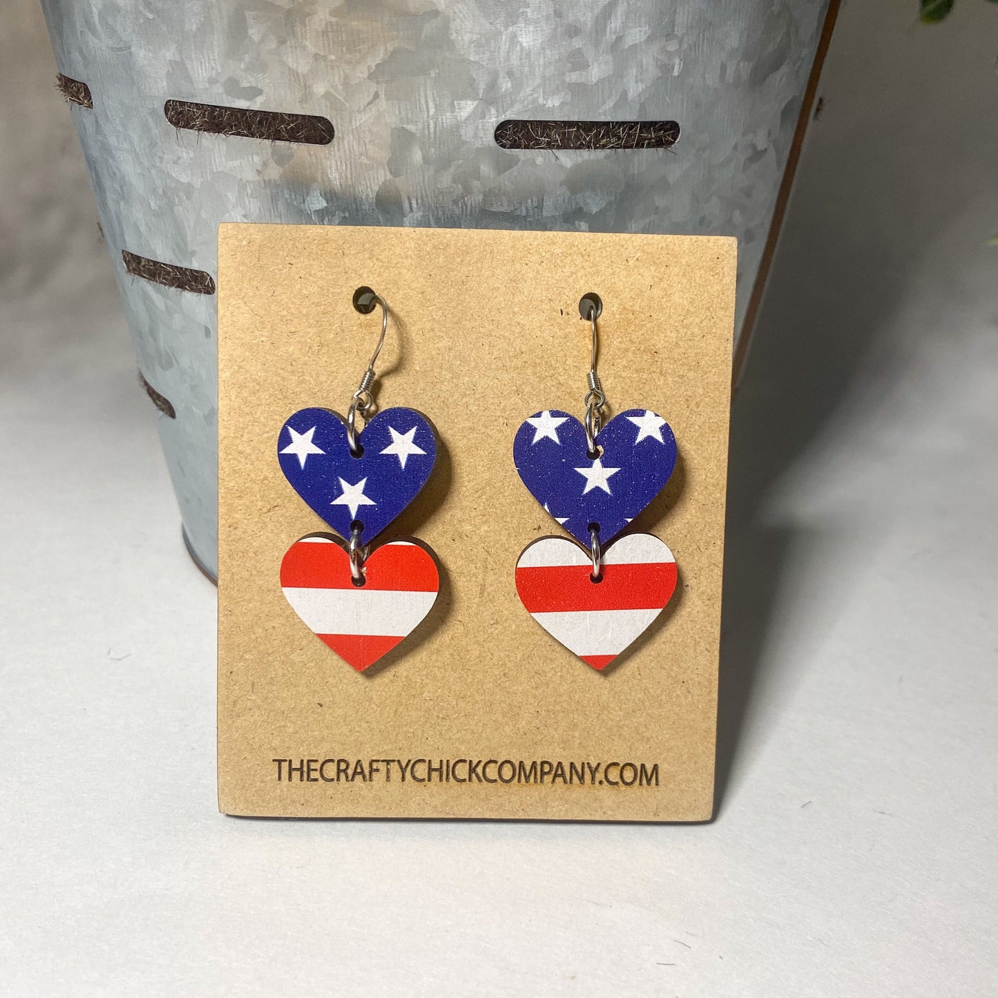 Flag Heart Earrings - Stars and Stripes - Wood