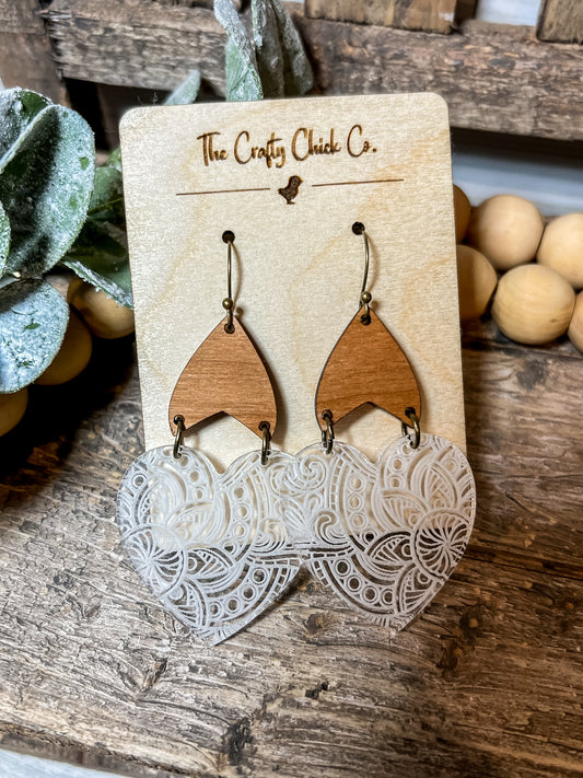 BOHO cherry wood and engraved clear acrylic heart dangles