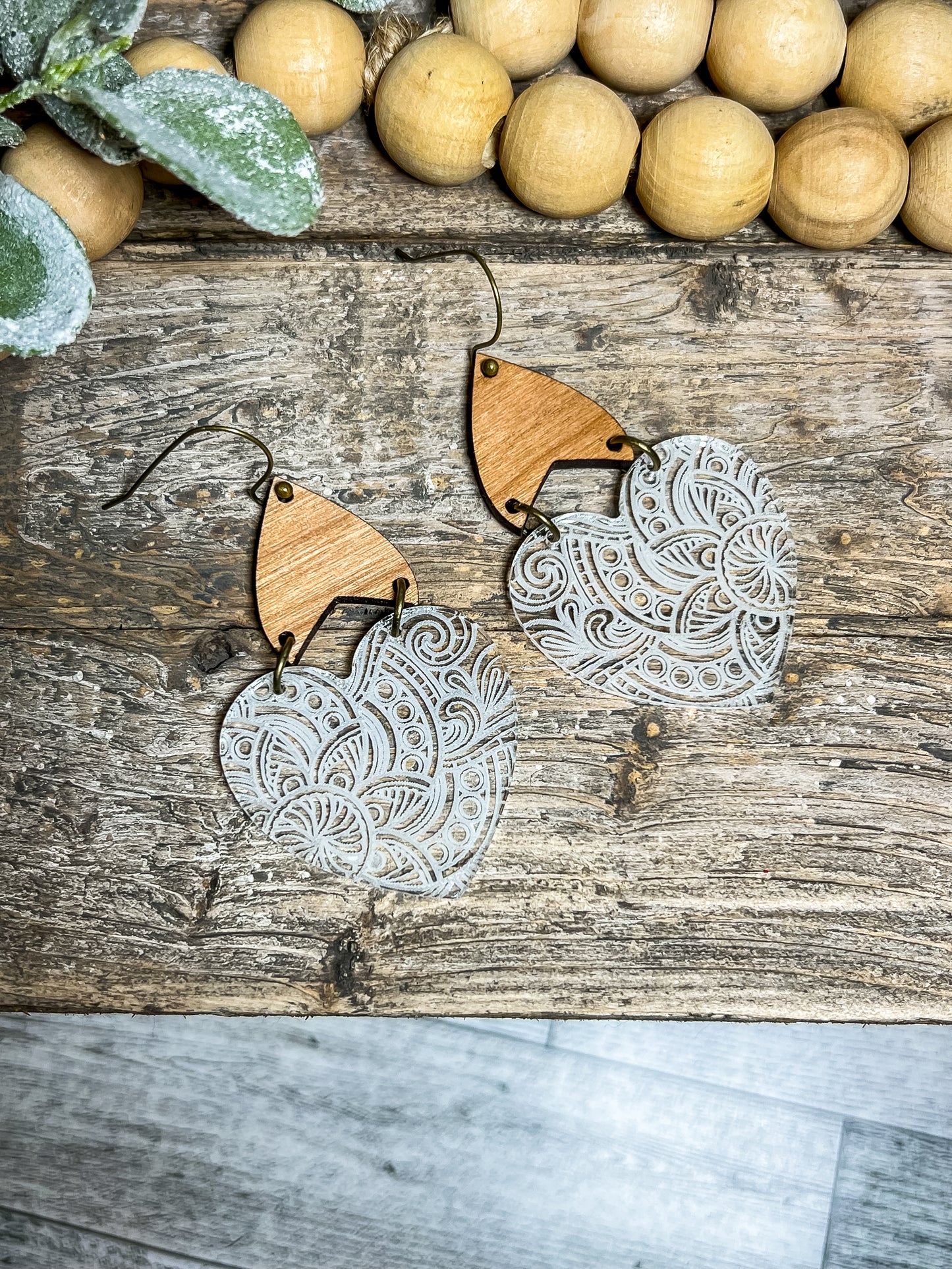 BOHO cherry wood and engraved clear acrylic heart dangles