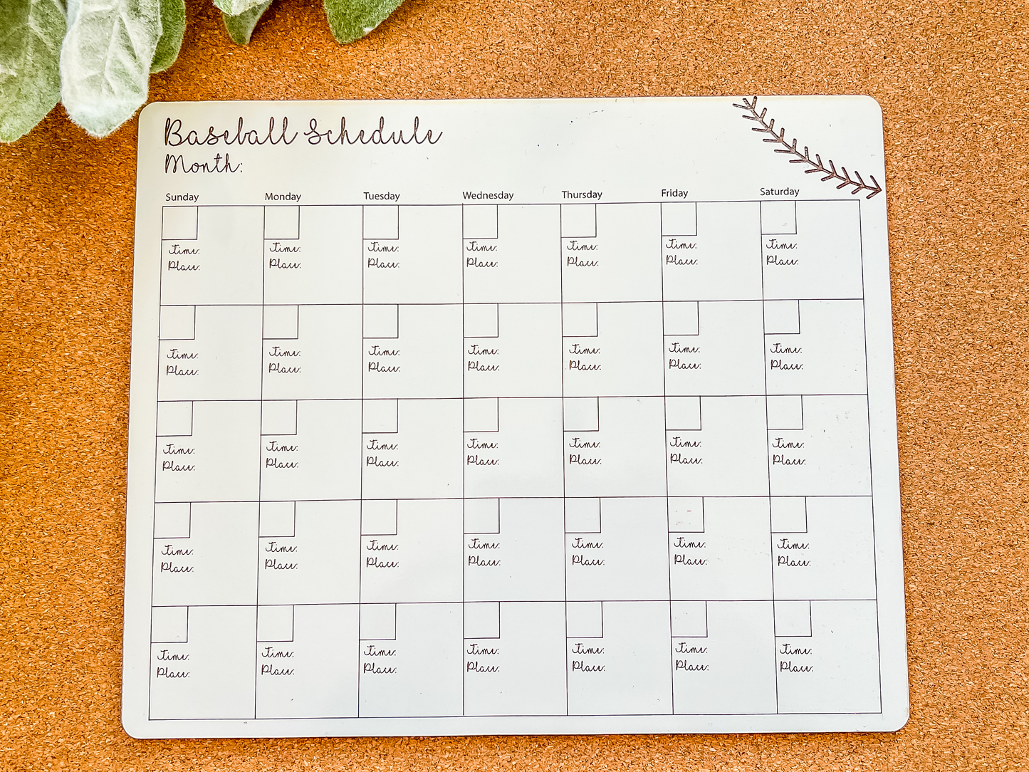 Baseball Monthly Dry Erase Calendar